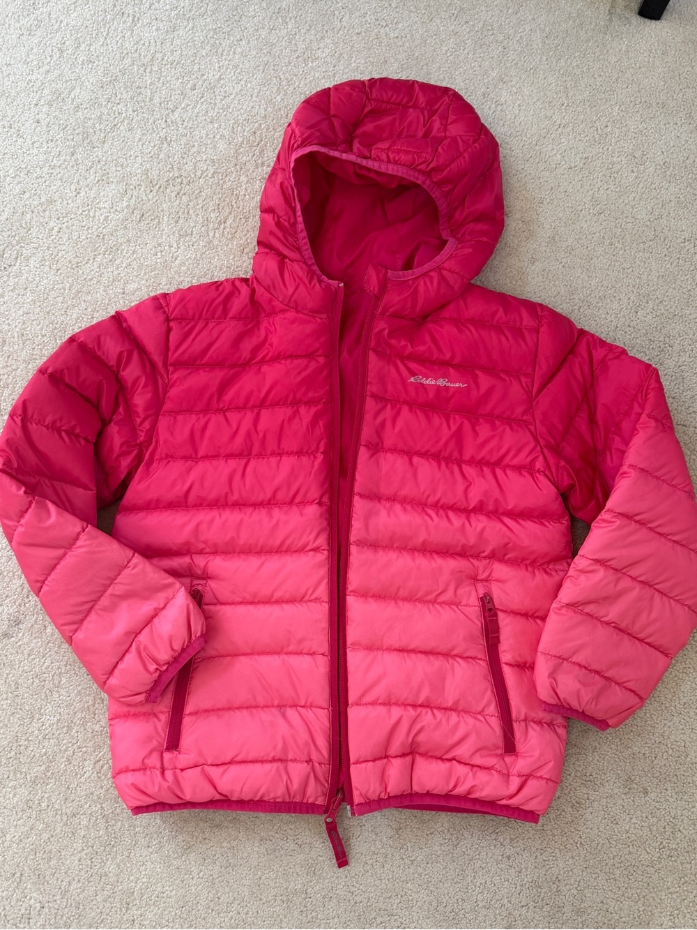 Eddie Bauer Girls Hot Pink Quilted Hooded Reversible Puffer Jacket M 10-12Y